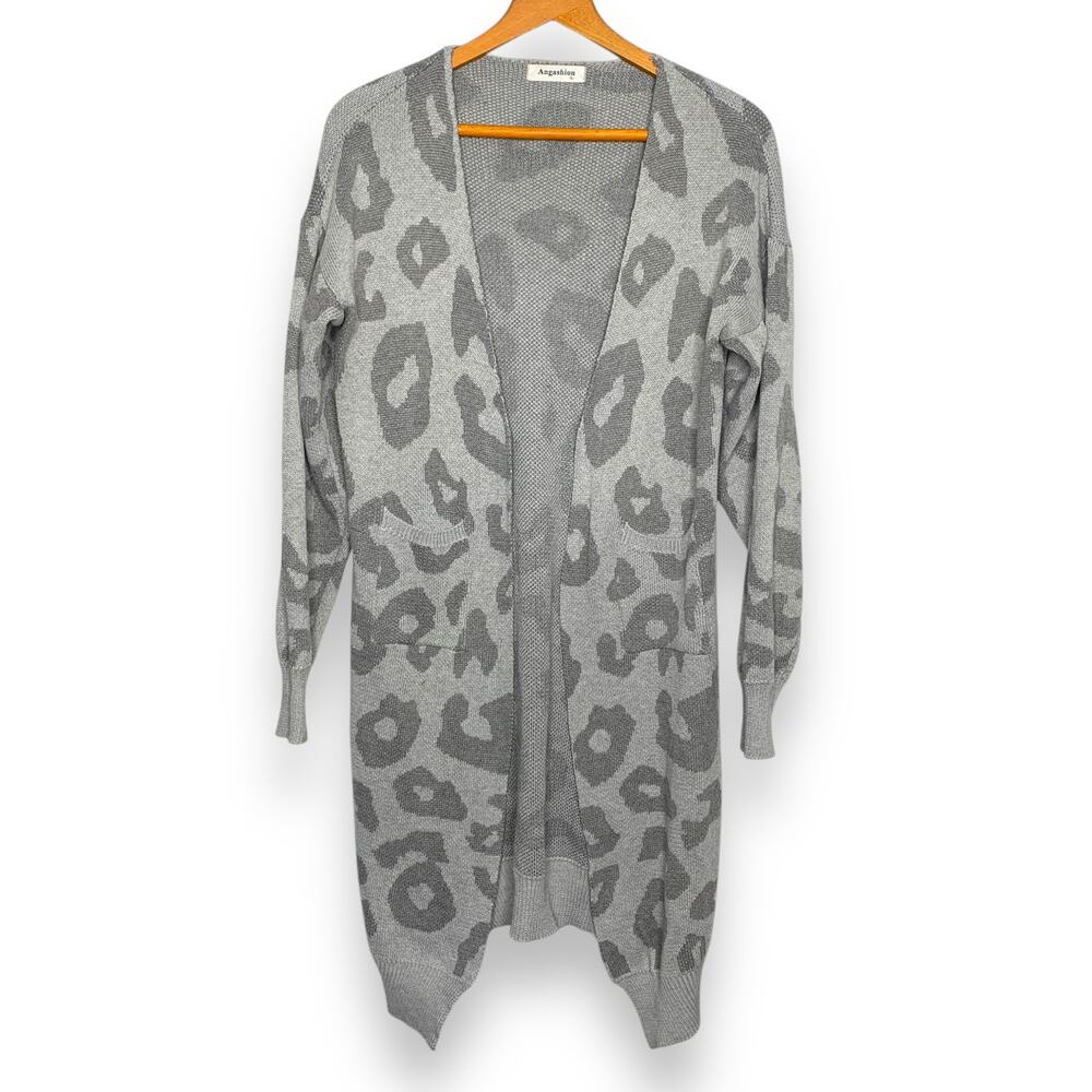 3/$20 Amazon gray leopard print longline duster length cardigan sweater SZ L